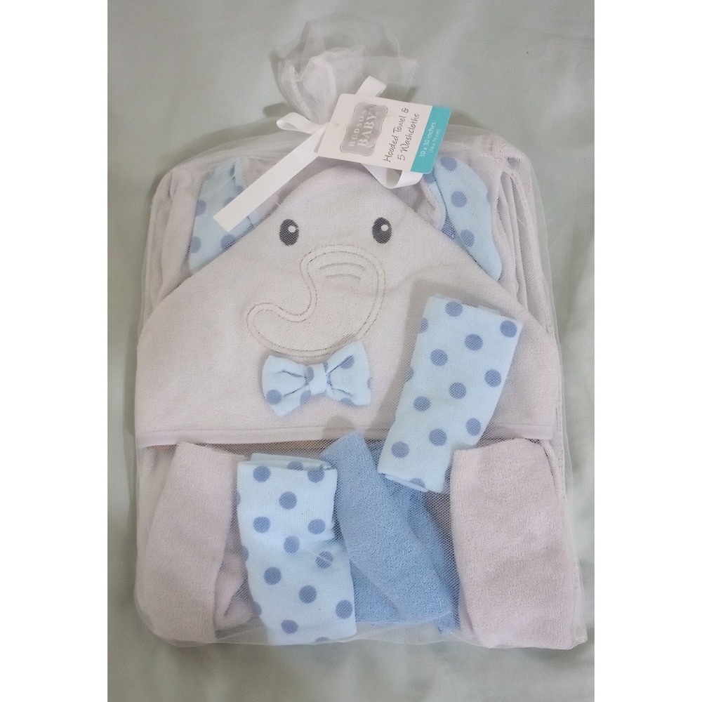 Hudson Baby Elephant Hooded Towel and 5 Washcloths Set Blue Gray 57996 NEW